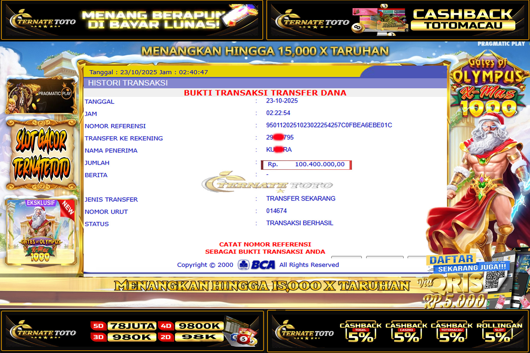 TERNATETOTO - MENANG GATES OF OLYMPUS X-MAS DI PRAGMATICPLAY Rp.100,400,000,-